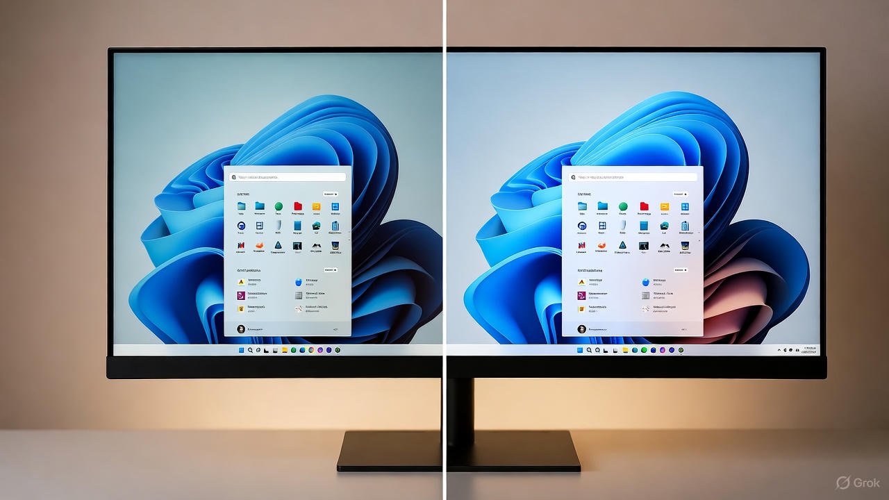 comparación antes y después de calibrar un monitor con inteligencia artificial — colores más precisos y brillo equilibrado