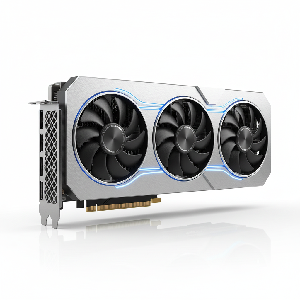 Tarjeta gráfica de gama alta con triple ventilador y diseño metálico, inspirada en la MSI RTX 4090 SUPRIM X.