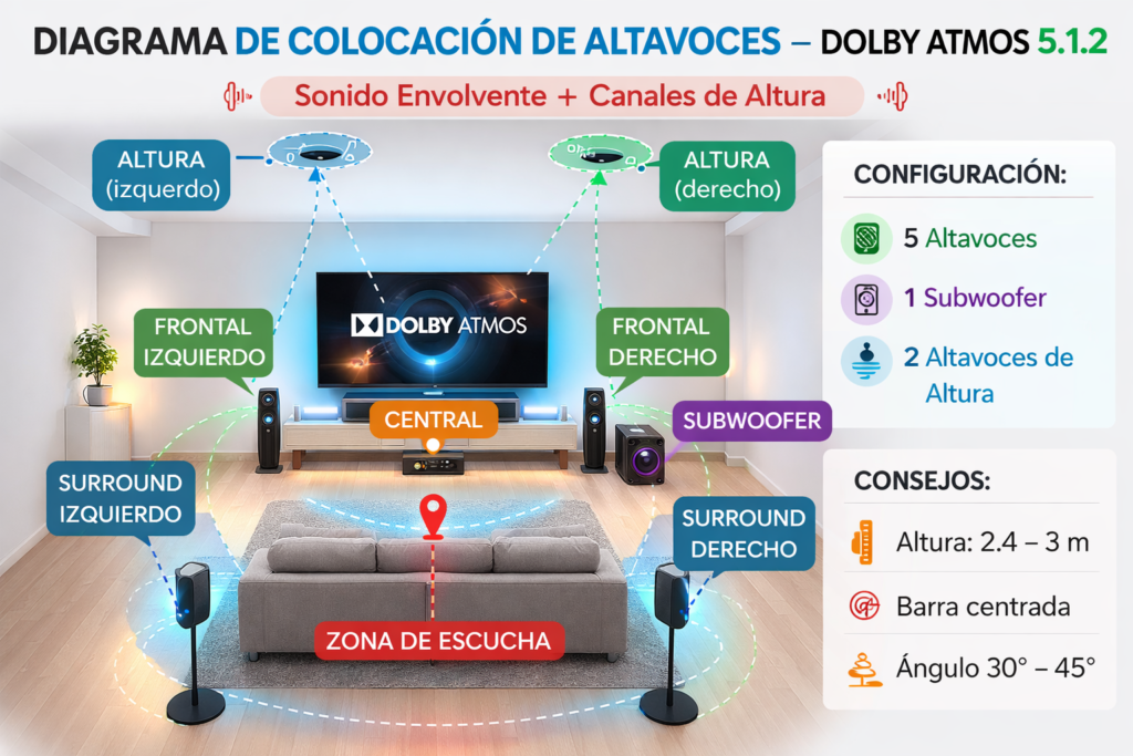 Colocación correcta de altavoces Dolby Atmos