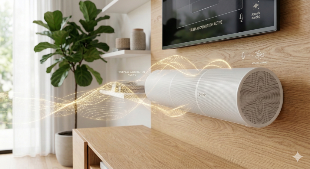 Fotografía hiperdetallada de la Sonos Arc Ultra en color blanco montada en pared de madera clara bajo TV, vista angular mostrando diseño premium, ondas de sonido IA sutiles representando Trueplay