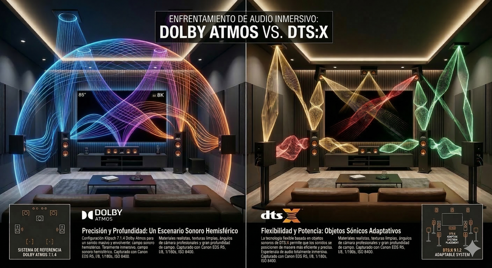 Imagen comparativa visual de Dolby Atmos vs DTSX
