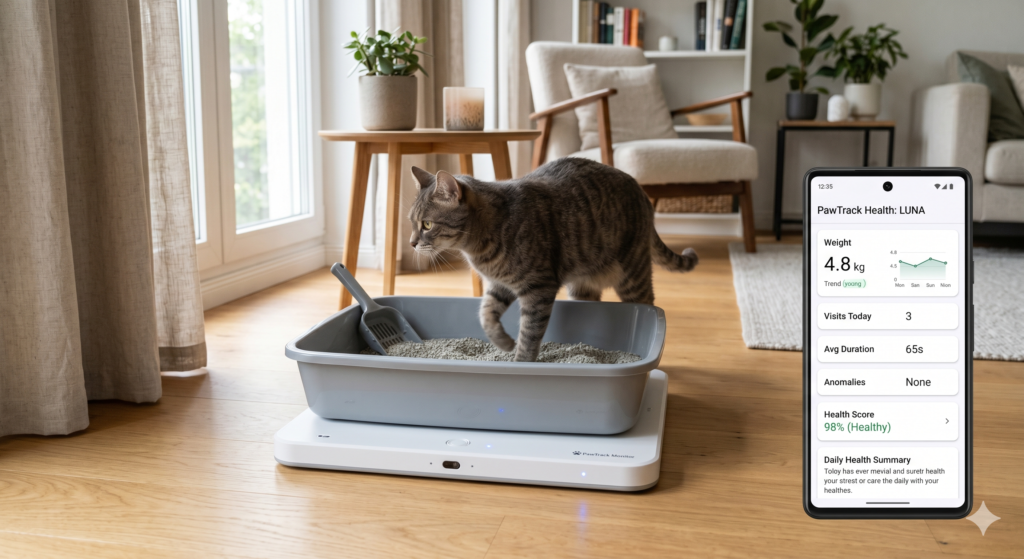 Petivity Smart Litter Box Monitor sistema de monitoreo basado en inteligencia artificial  que se coloca debajo de cualquier caja de arena